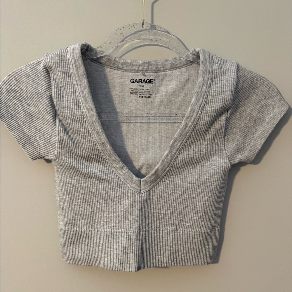 Garage Light Gray Ribbed V-Neck Crop Top